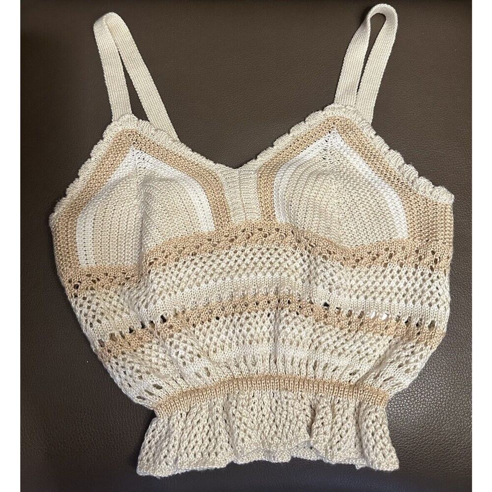 Madden NYC Crochet Knit Tank Top Size Medium Granny Square Retro 70s Boho Beiges - Picture 1 of 6